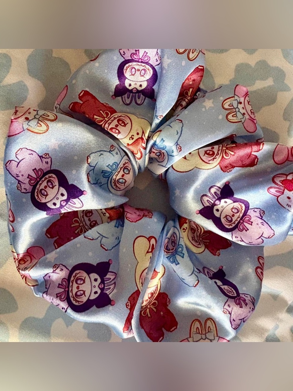 Cute Pastel Sanrio Labubu Mix Character Scrunchie - Light Blue Hair Tie Satin